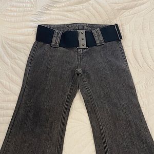 Thomas Wylde, size 26, dark, flare-bottom jean